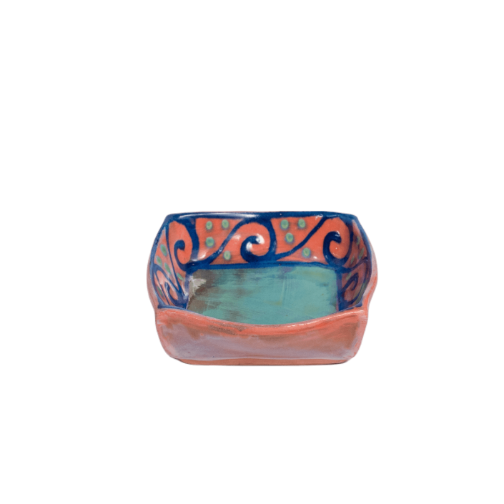 Square Dessert Bowl (5 inch) - Green with Blue Wave on Watermelon