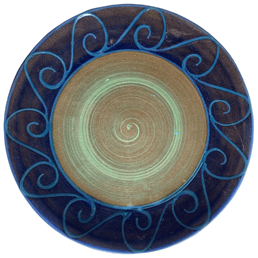 Pottery design with green centre, blue outer band with turquoise wave.