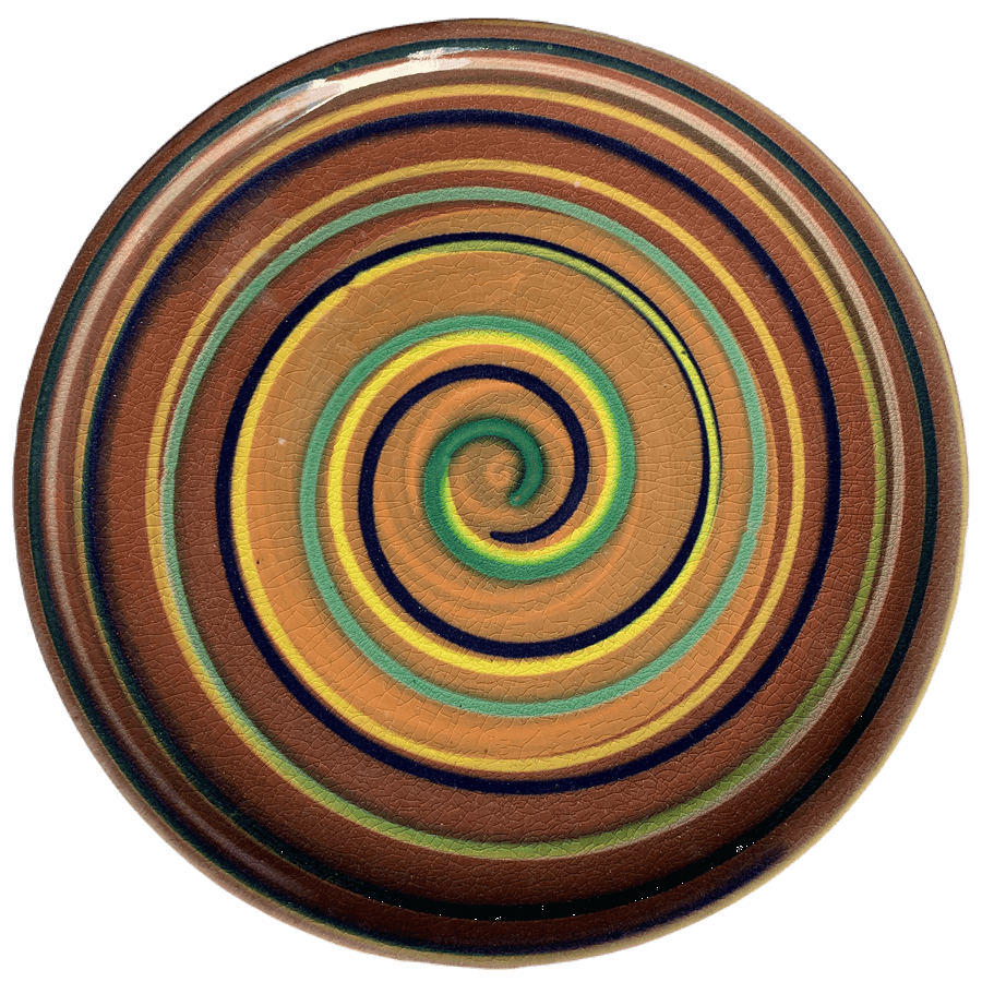 Round pottery design with orange and watermelon bands with lots of swirl colors.
