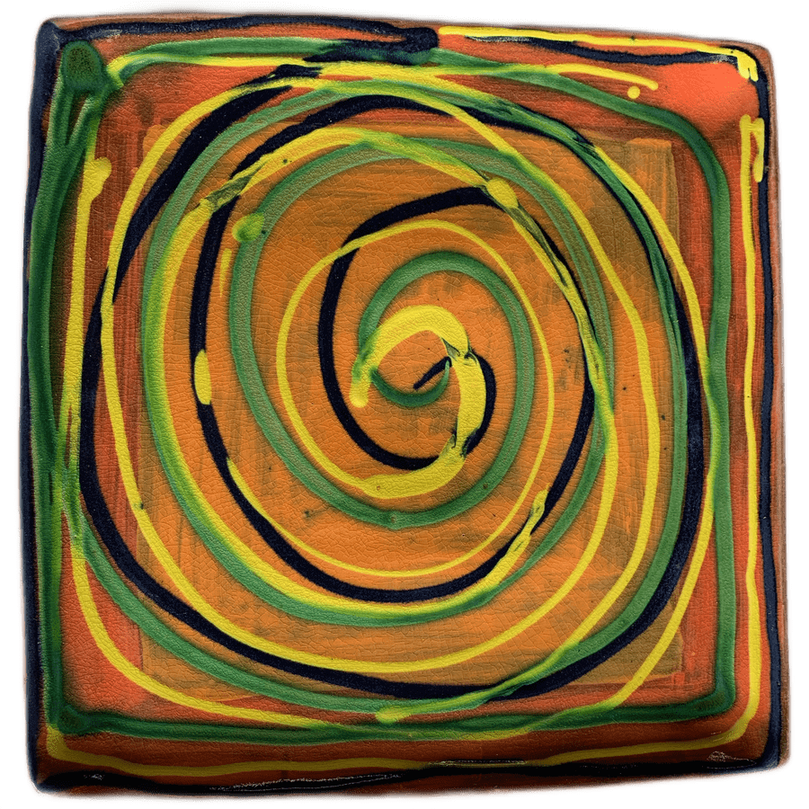 Square pottery design with orange and watermelon bands with lots of swirl colors.