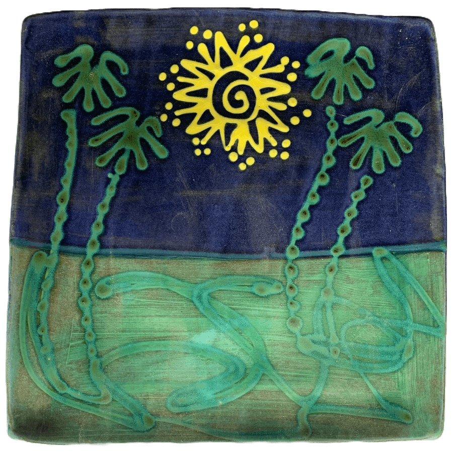 Square pottery design with sun and palm tree pattern.