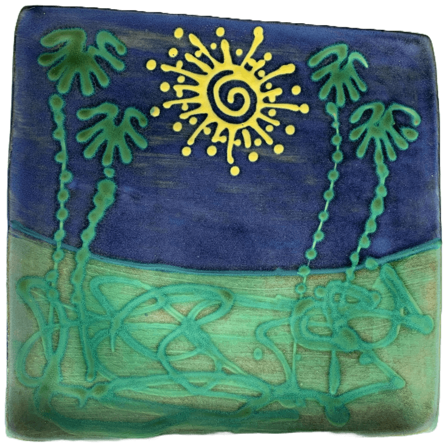 Square pottery design with spiky sun and palm tree pattern.