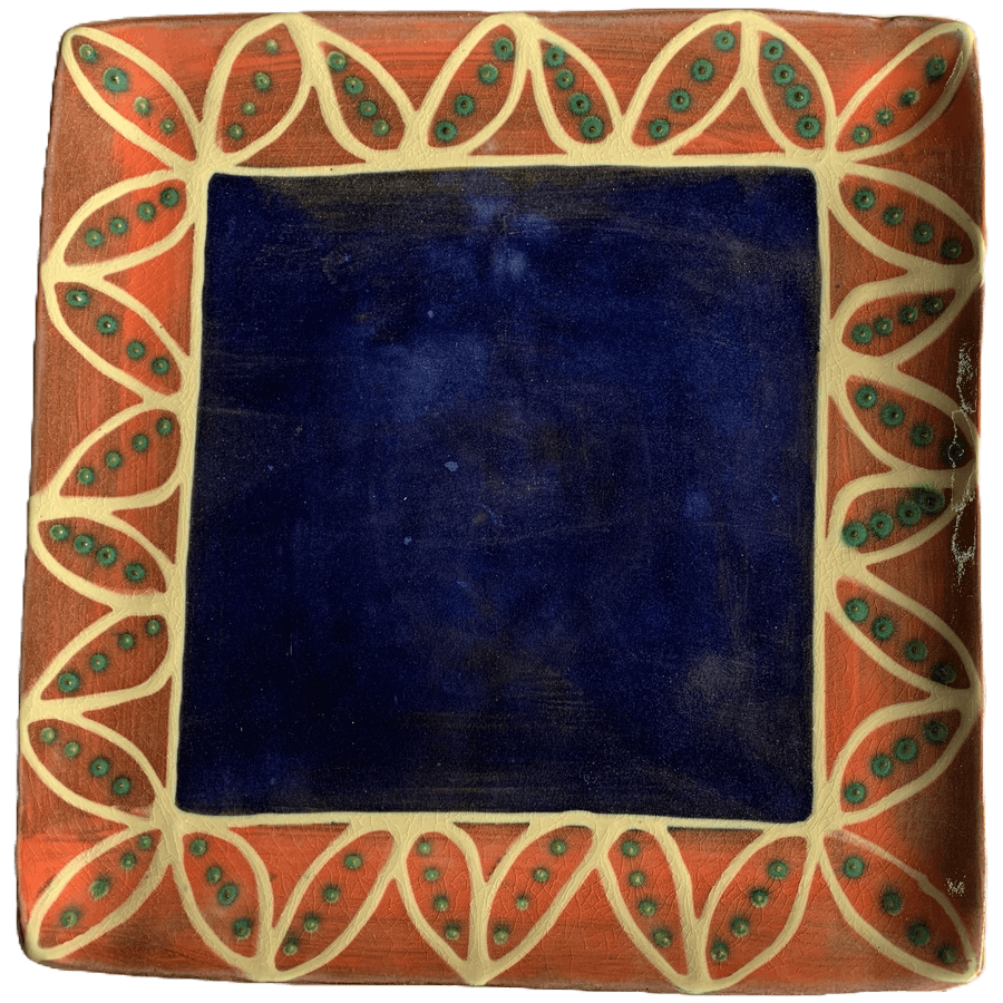 Square pottery design with blue inner band, watermelon outer band with white pods and green seeds.